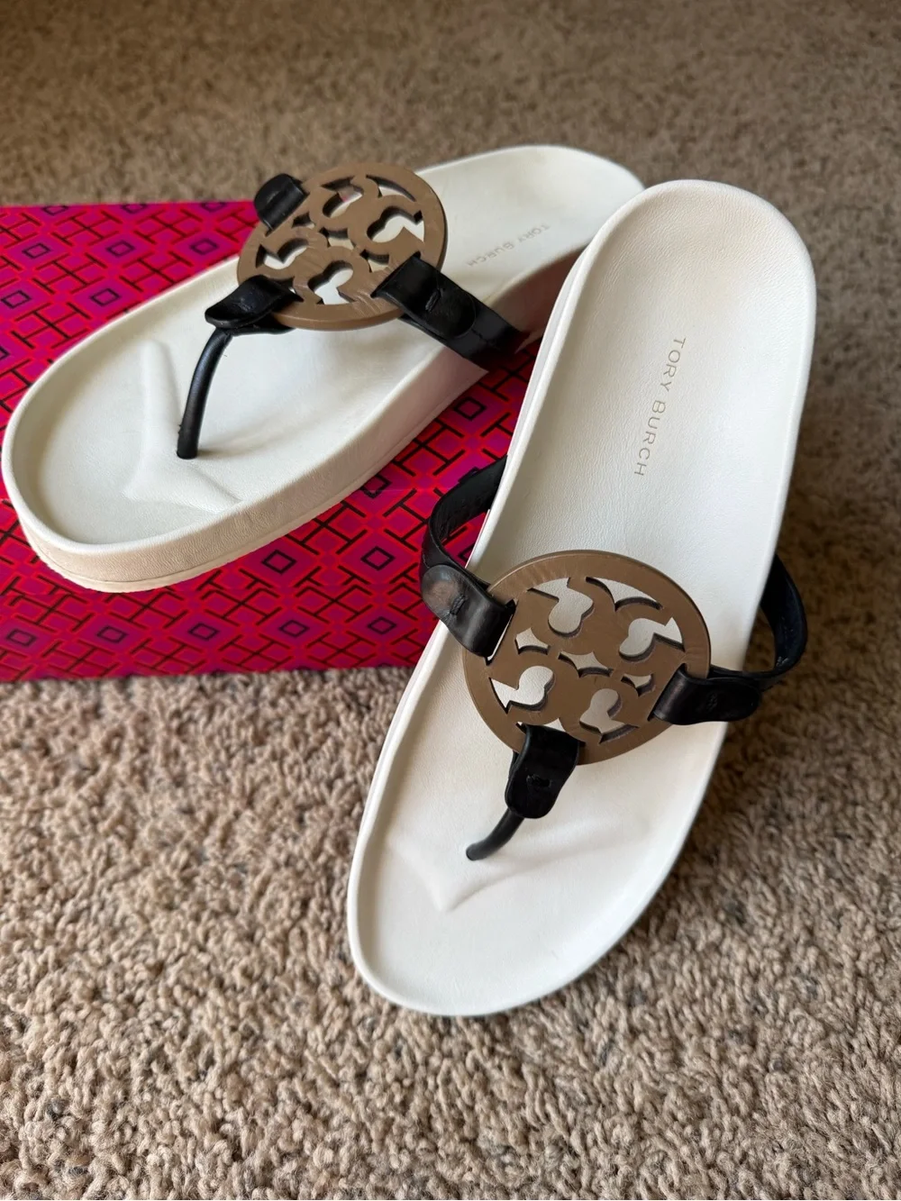 Tory Burch Black Strap White Footbed Logo Medallion Sandals